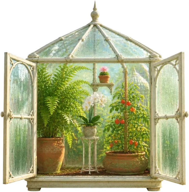 Rumah kaca kecil berpintu terbuka berisi empat pot: pakis tinggi, kaktus kecil, anggrek putih, dan tomat merambat.